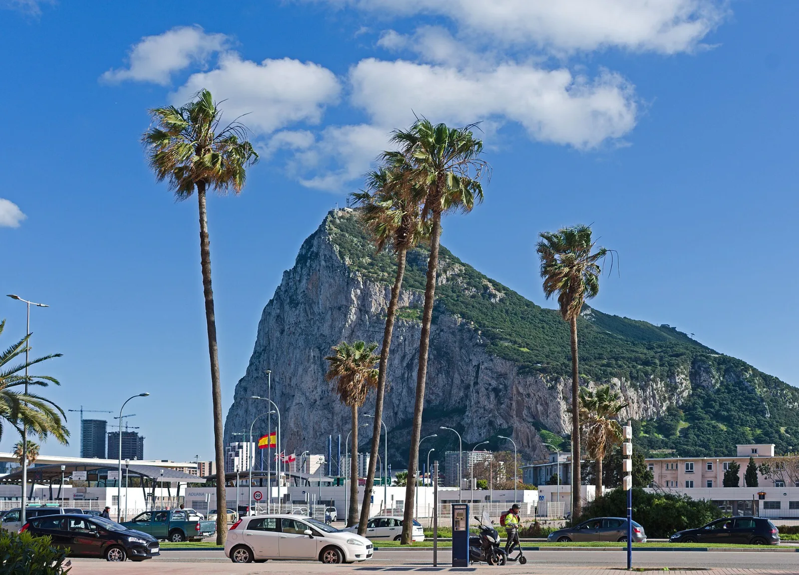Gibraltar Der Felsen von Gibraltar mit Palmen im Sonnenschein