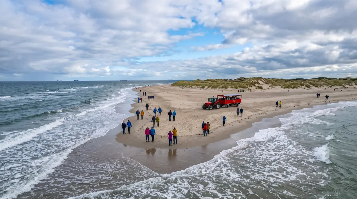 Skagen Grenen bei Skagen in Dänemark, Treffpunkt von Nordsee und Ostsee mit Traktor-Shuttle Sandormen und Besuchern am Strand